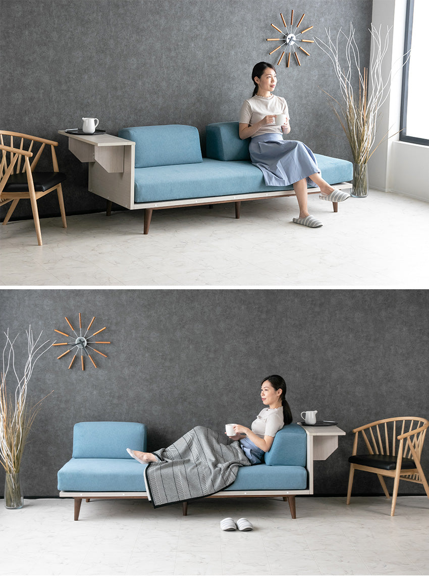 ソファ 折りたたみデスク付き 3人掛け アイランドソファ ファブリック 撥水 天然木 ブルー 幅195cm