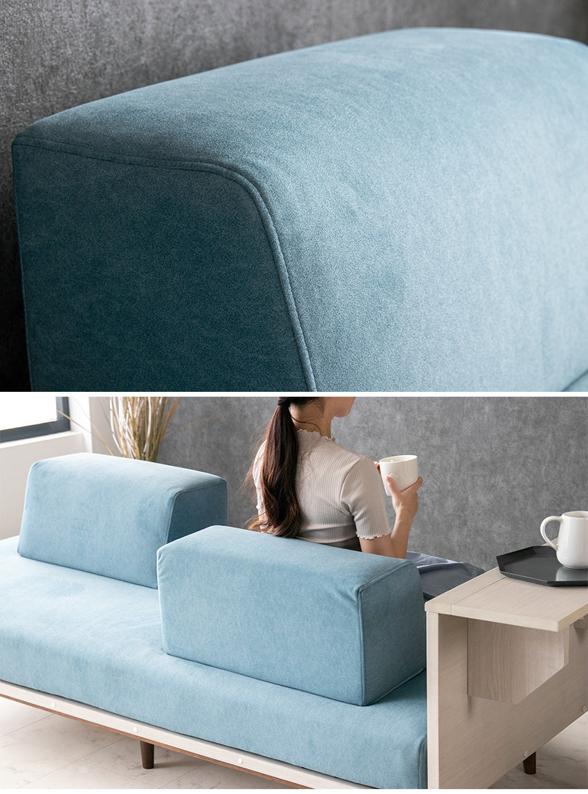 ソファ 折りたたみデスク付き 3人掛け アイランドソファ ファブリック 撥水 天然木 ブルー 幅195cm