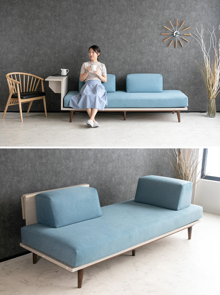 ソファ 折りたたみデスク付き 3人掛け アイランドソファ ファブリック 撥水 天然木 ブルー 幅195cm