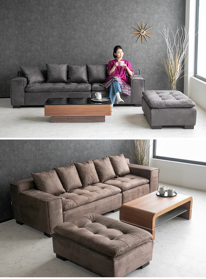 カウチソファ ファブリック 3人掛け 4人掛け クッション付き グレー ブラウン 幅250cm