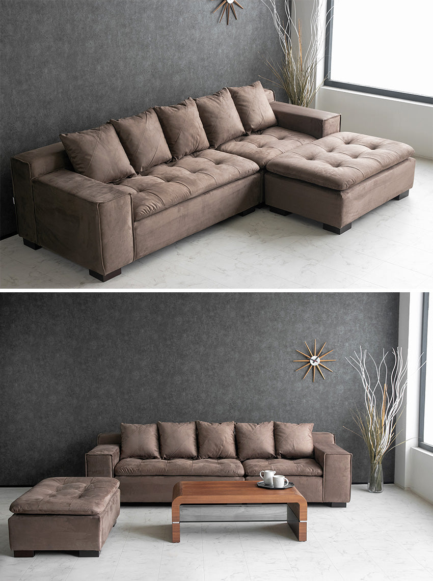 カウチソファ ファブリック 3人掛け 4人掛け クッション付き グレー ブラウン 幅250cm