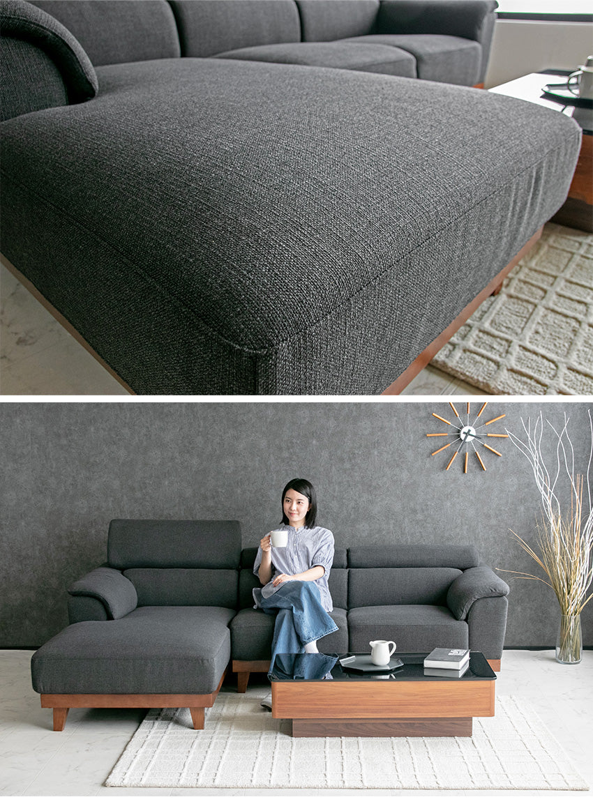 カウチソファ 3人掛け 4人掛け 無垢 ファブリック I字 ダークグレー グレー クッション付き 幅240cm