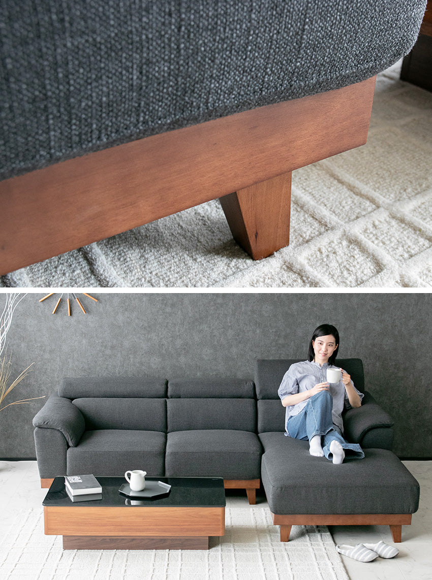 カウチソファ 3人掛け 4人掛け 無垢 ファブリック I字 ダークグレー グレー クッション付き 幅240cm