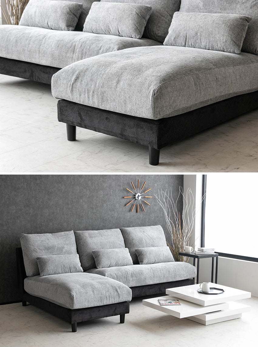 カウチソファ 3人掛け 4人掛け 撥水 アームレス ファブリック グレー トープグレー クッション付き 幅225cm