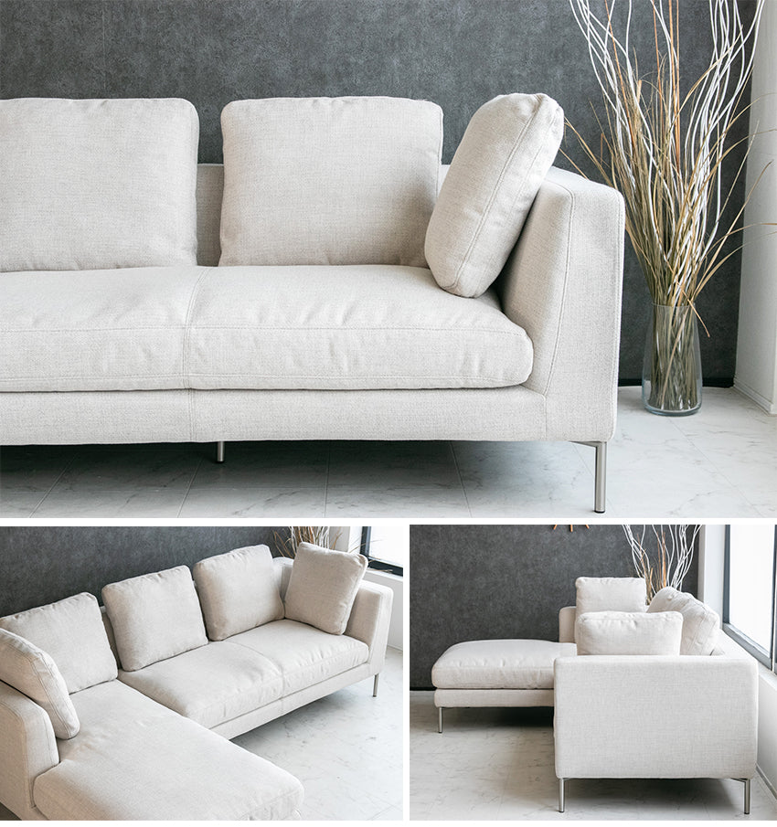 カウチソファ 3人掛け 4人掛け フェザー ファブリック I字 ベージュ ダークグレー クッション付き 幅240cm