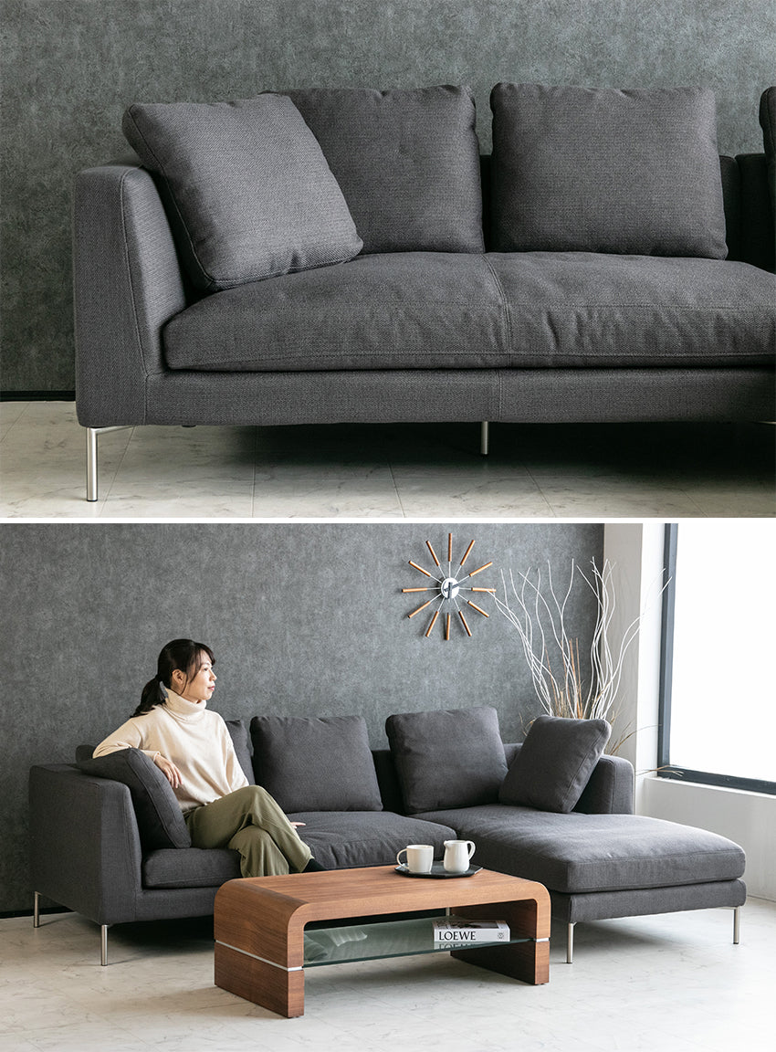 カウチソファ 3人掛け 4人掛け フェザー ファブリック I字 ベージュ ダークグレー クッション付き 幅240cm