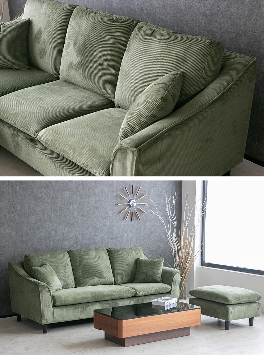カウチソファ 3人掛け ファブリック ソファー コーデュロイ カーキ キャメル 幅195cm