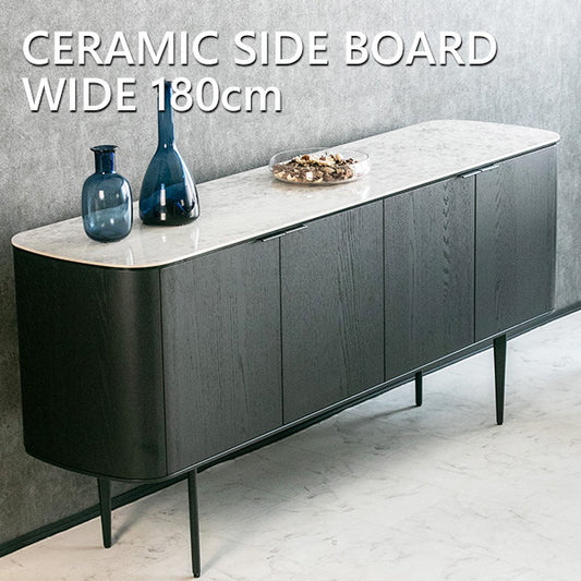 サイドボード キャビネット セラミック ブラックオーク 突板 スチール脚 幅180㎝