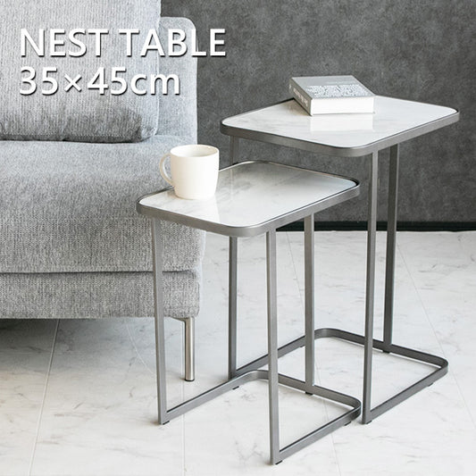 ネストテーブル セラミック 大理石柄 サイドテーブル ホワイト 長方形 幅45㎝