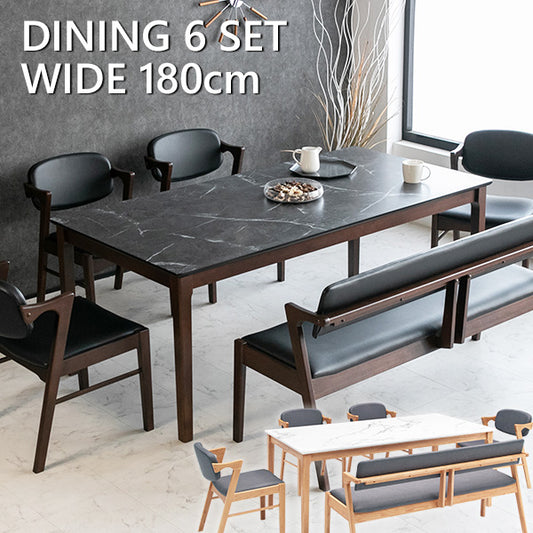 ダイニングセット 6点セット メラミン ラバーウッド ベンチ 6人掛け ブラウン ナチュラル 幅180cm