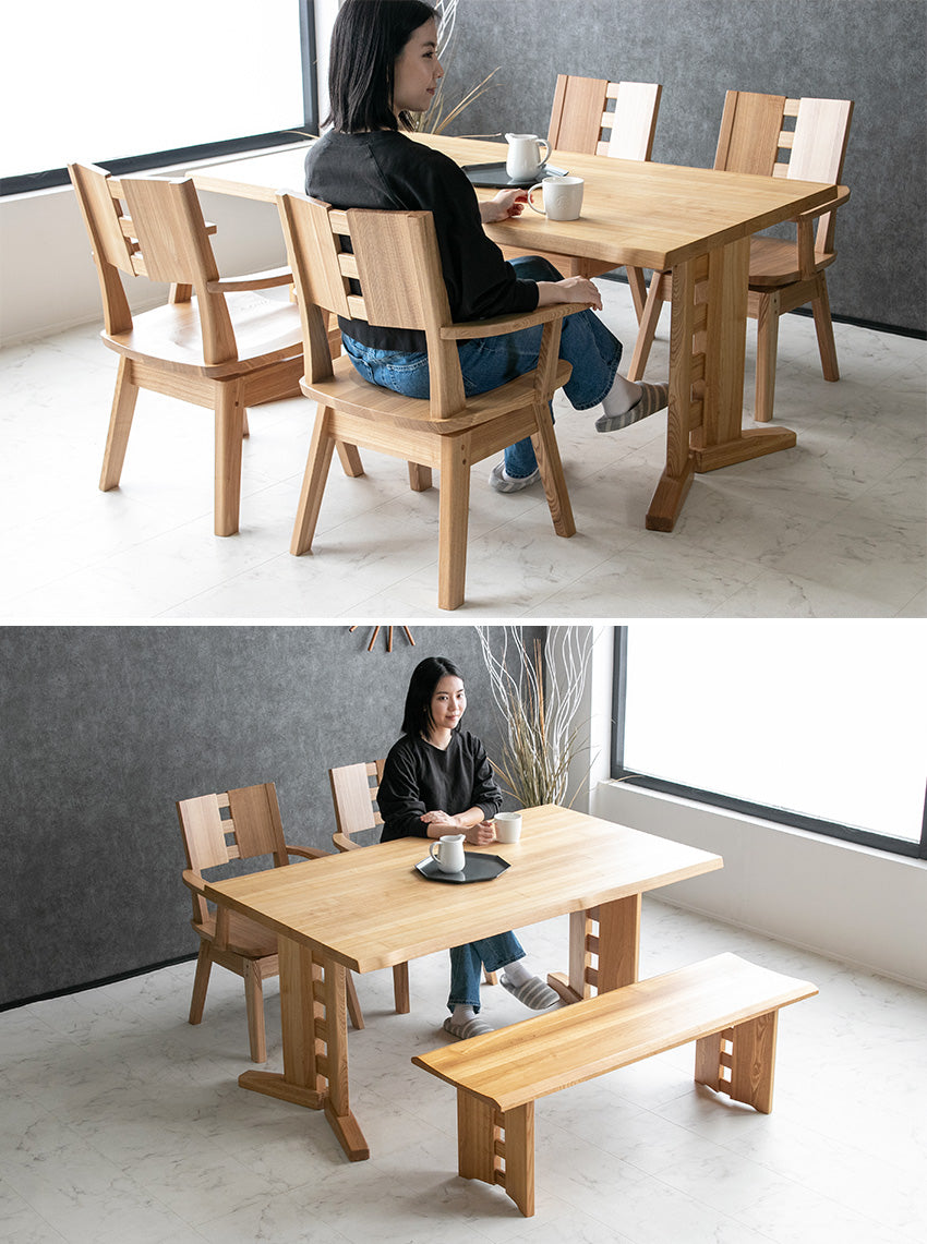 ダイニングセット 6点セット タモ 天然木 無垢 ベンチ 6人掛け 茶 ナチュラル ブラウン 低ホルムアルデヒド 幅180cm