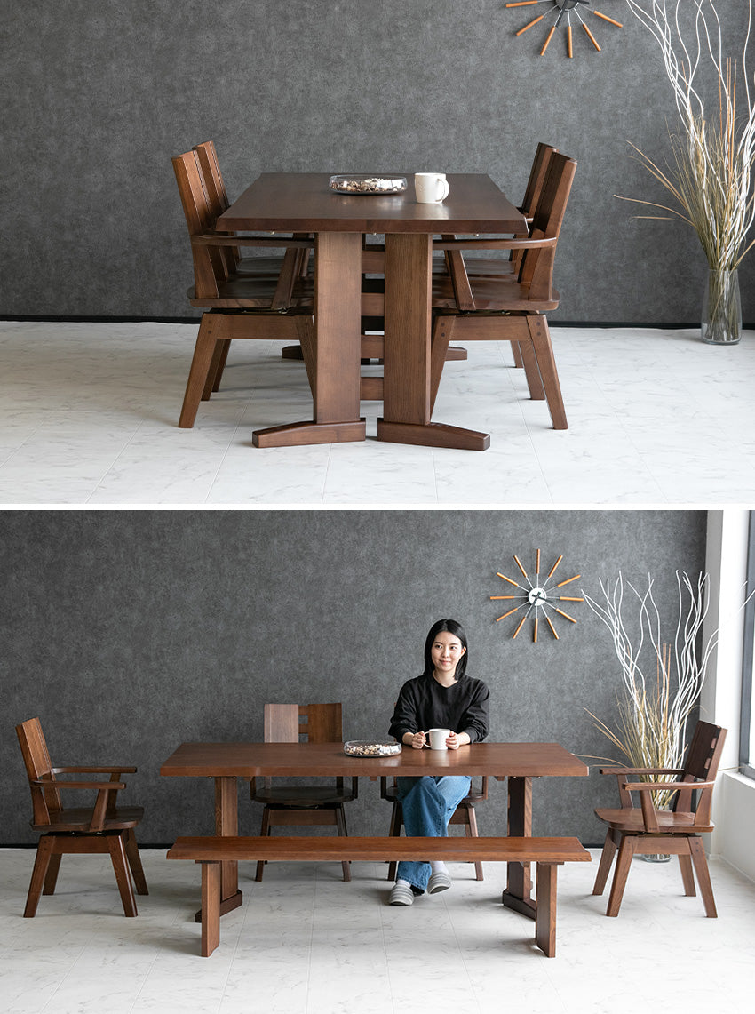 ダイニングセット 6点セット タモ 天然木 無垢 ベンチ 6人掛け 茶 ナチュラル ブラウン 低ホルムアルデヒド 幅180cm