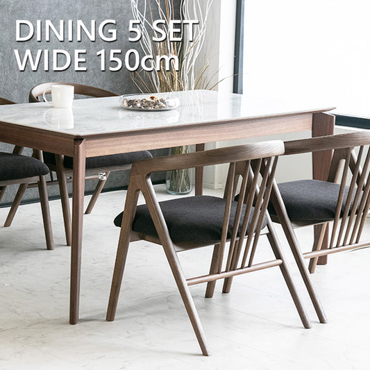 ダイニングセット 5点セット 大理石柄 セラミック ウォールナット アッシュ 4人掛け ブラウン ホワイト 幅150cm ルモ