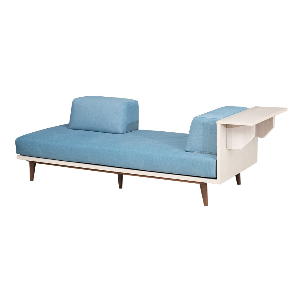 ソファ 折りたたみデスク付き 3人掛け アイランドソファ ファブリック 撥水 天然木 ブルー 幅195cm