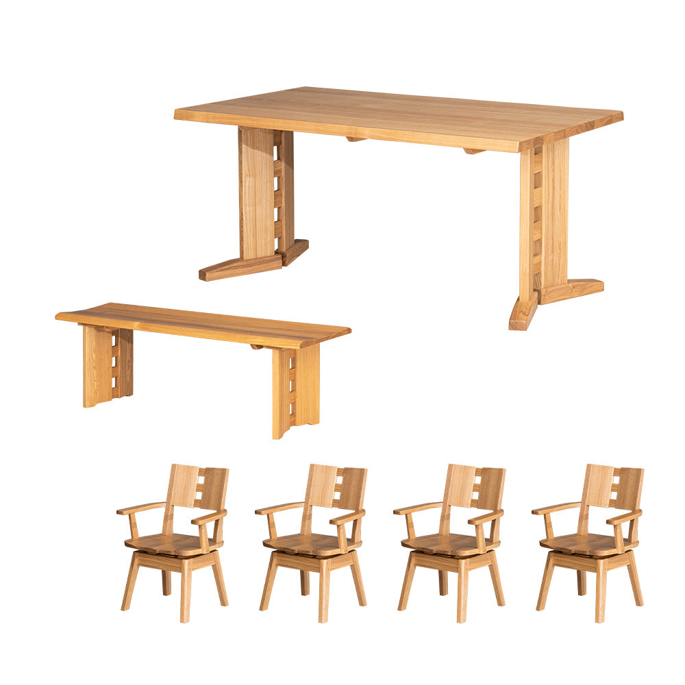 ダイニングセット 6点セット タモ 天然木 無垢 ベンチ 6人掛け 茶 ナチュラル ブラウン 低ホルムアルデヒド 幅180cm