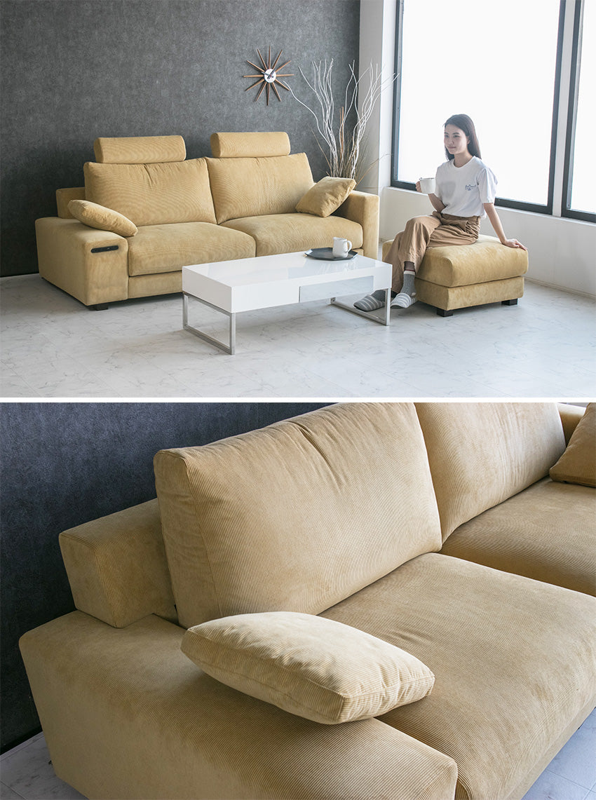 ソファ 3人掛け コンセント付き コーデュロイ ファブリック フェザー イエロー ダークグレー ライトブルー 223cm