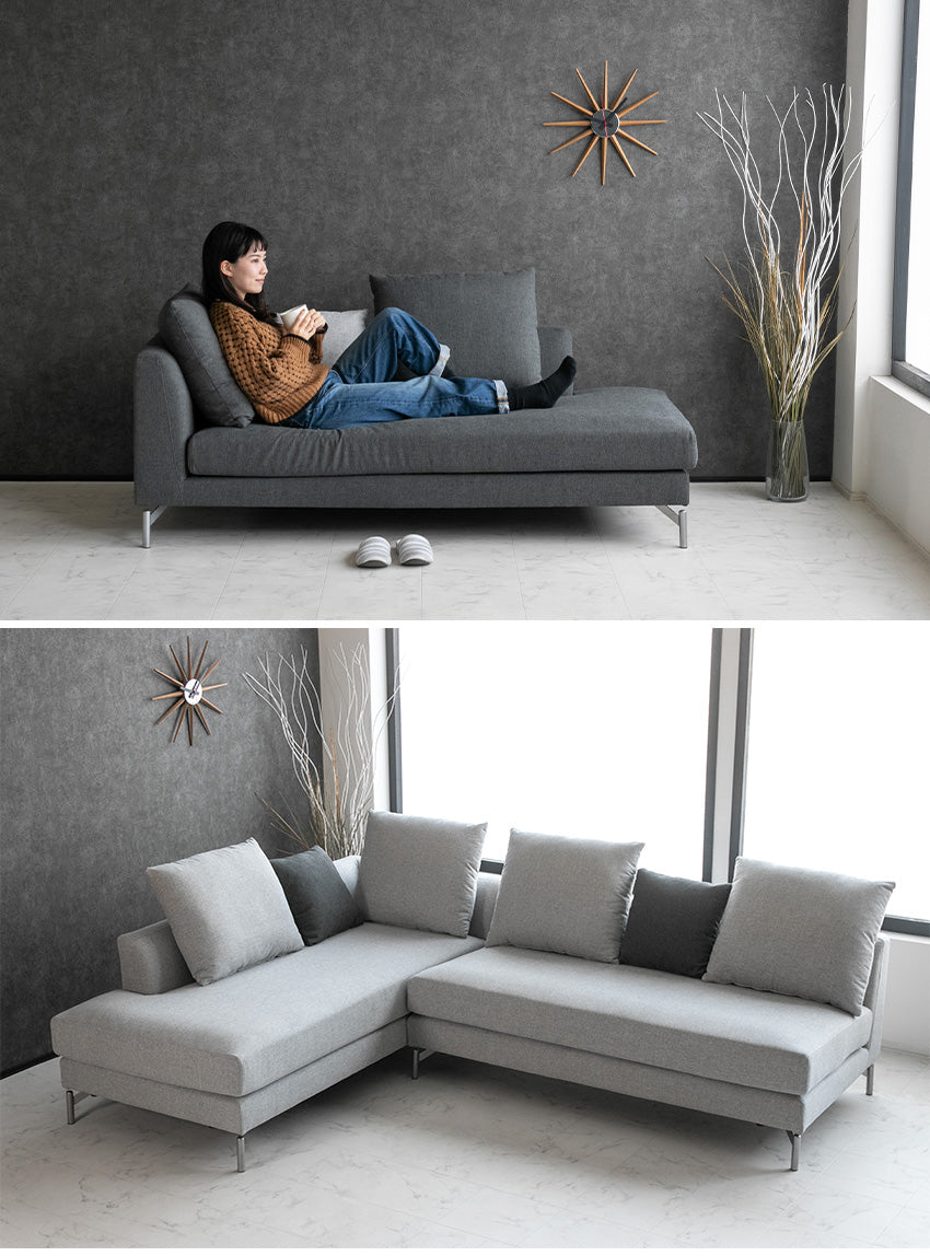 カウチソファ 3人掛け 4人掛け ファブリック I字 ダークグレー ライトグレー クッション付き 幅245cm