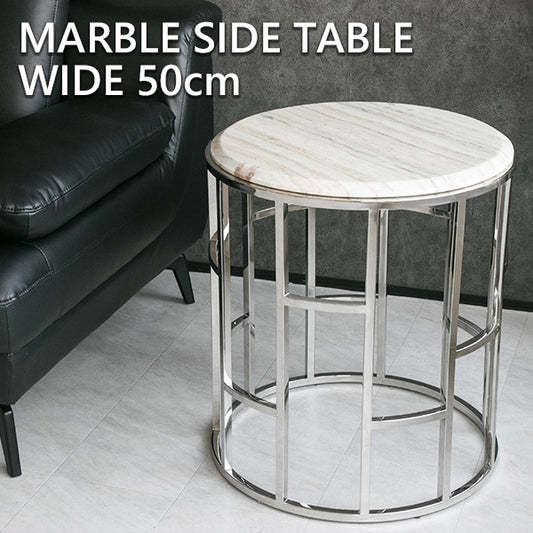 サイドテーブル 天然大理石 ホワイト 丸 ナイトテーブル 円形 幅50㎝