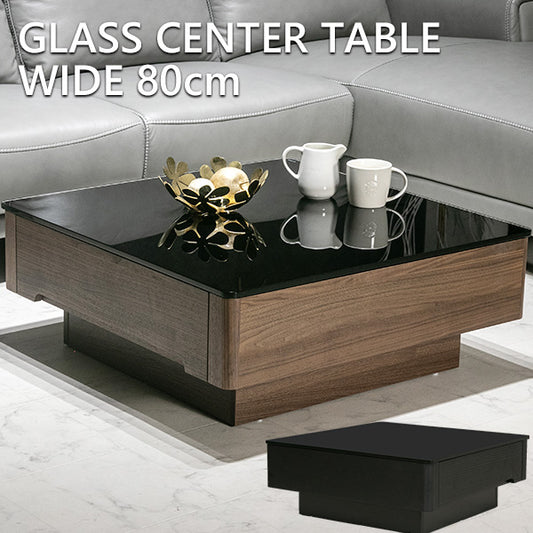 センターテーブル ガラス 引き出し付き ウォールナット ブラックオーク 突板 ローテーブル 正方形 幅80㎝
