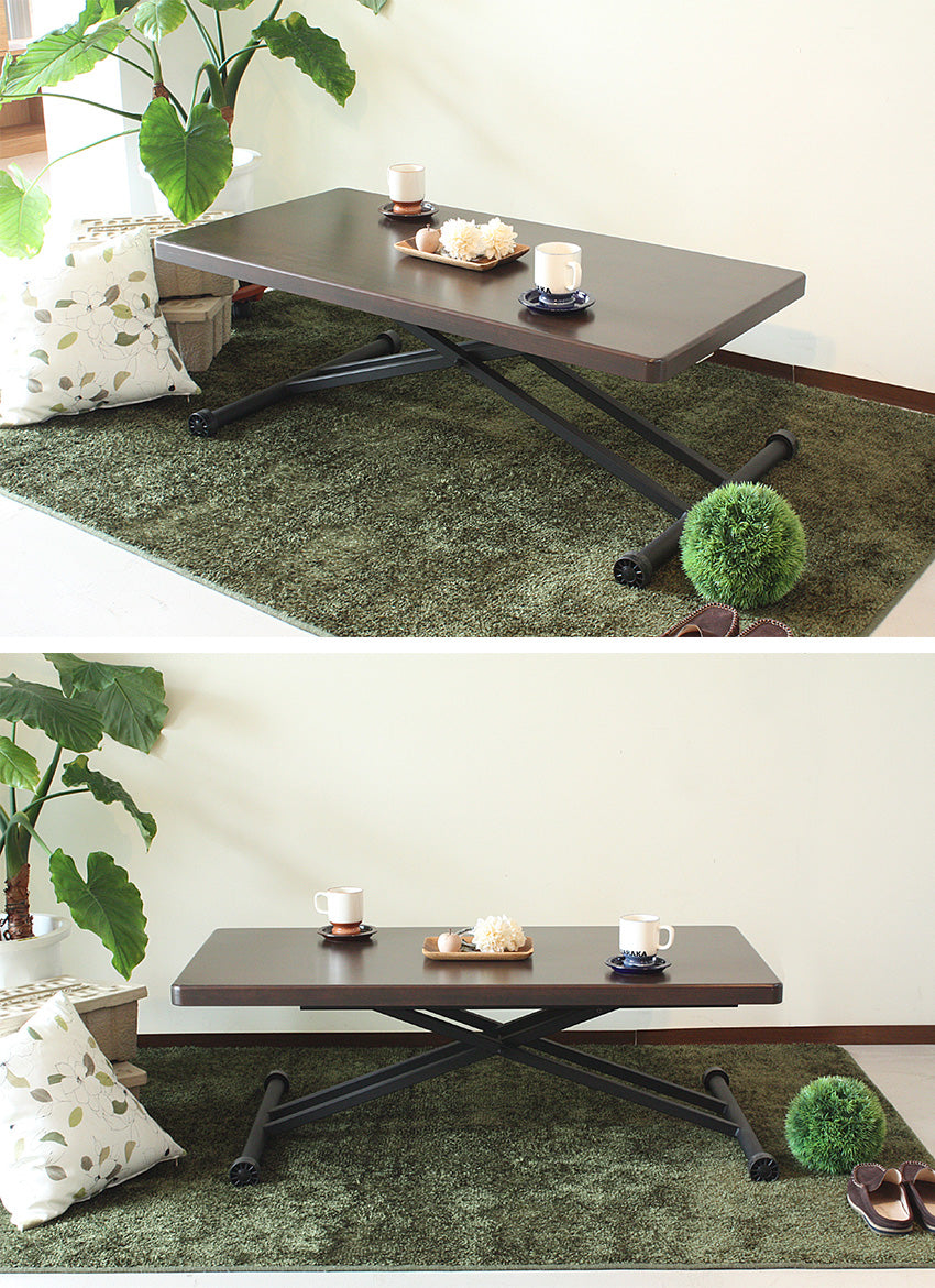 昇降式テーブル 120×60cm アルダー 無垢材 ブラウン ナチュラル ダイニング ローテーブル 長方形