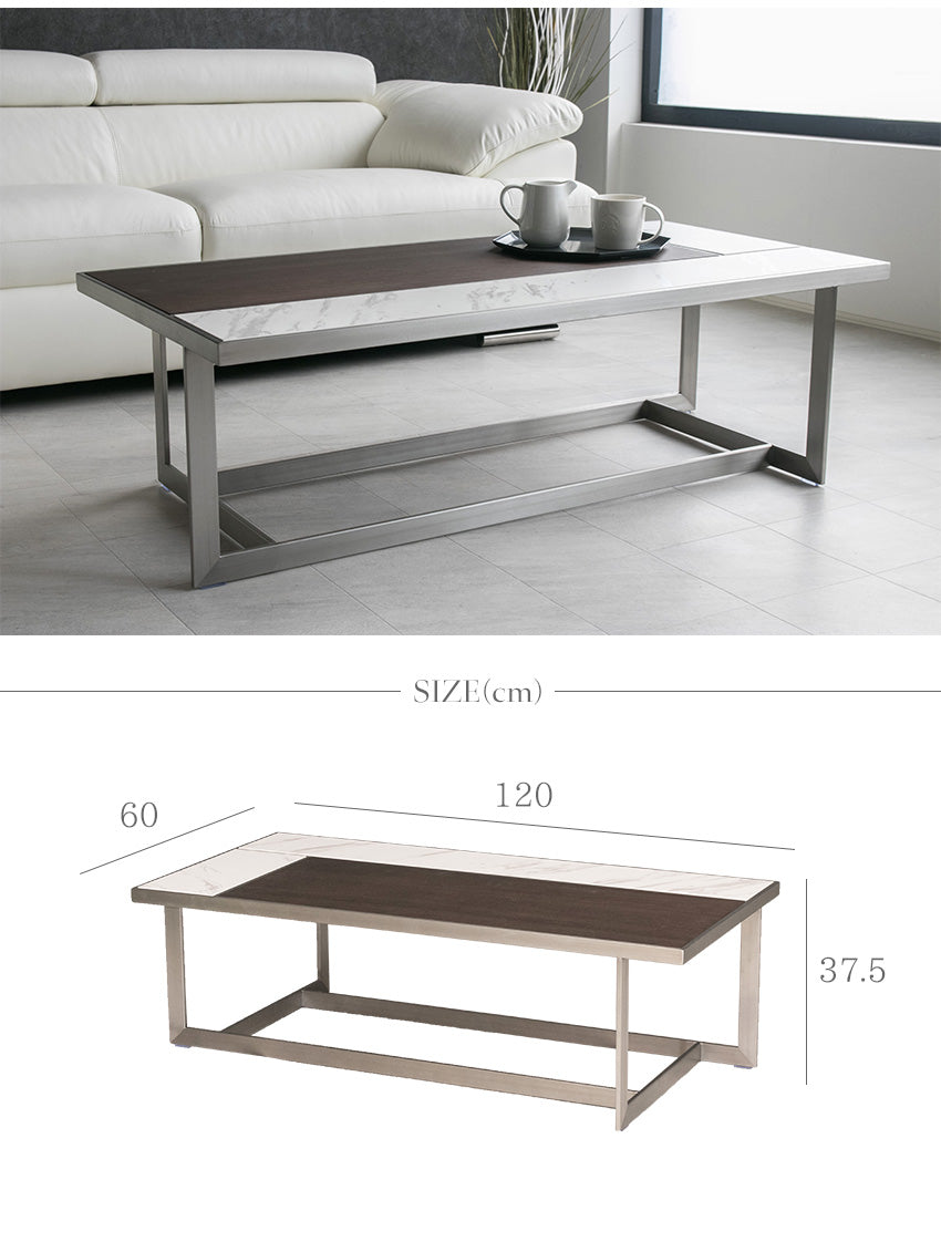 センターテーブル セラミック 大理石柄 ウォールナット 突板 ローテーブル 長方形 幅120㎝