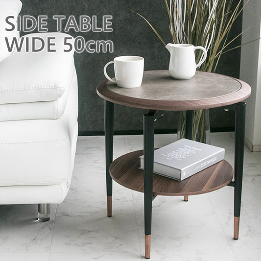 サイドテーブル セラミック ウォールナット 突板 丸 ナイトテーブル 幅50㎝