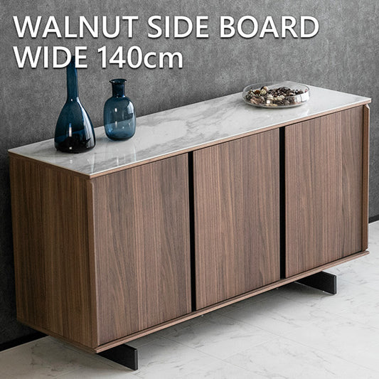 サイドボード キャビネット セラミック ウォールナット 突板 スチール脚 ハイタイプ 開き戸 収納 幅140㎝
