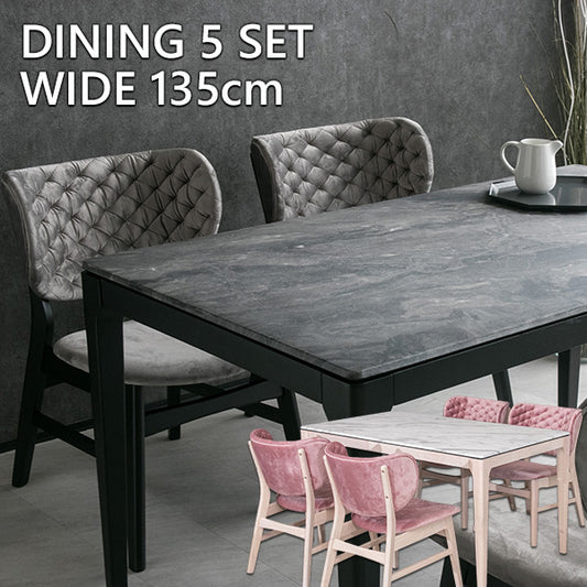 ダイニングセット 5点セット 大理石柄 メラミンボード モケット 4人掛け グレー ローズピンク 幅135cm
