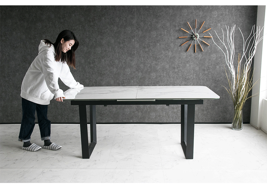 ダイニングテーブル 伸縮 伸長式 150~180×90cm セラミック 鏡面 大理石柄 ホワイト グレー