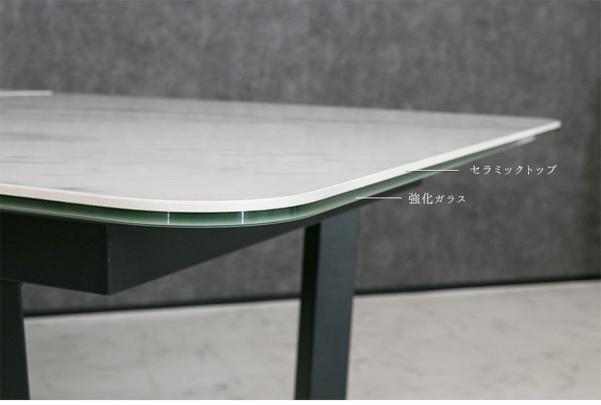 ダイニングテーブル 伸縮 伸長式 150~180×90cm セラミック 鏡面 大理石柄 ホワイト グレー