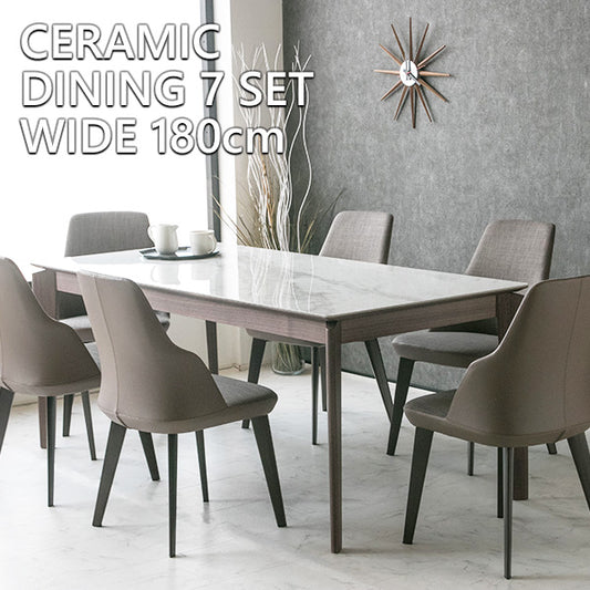 ダイニングセット 7点セット 大理石柄 セラミック ウォールナット 6人掛け ブラウン ホワイト 幅180cm