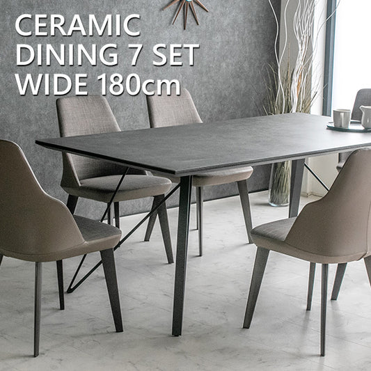 ダイニングセット 7点セット セラミック ブラックオーク 突板 スチール脚 6人掛け ブラック ブラウン 幅180cm