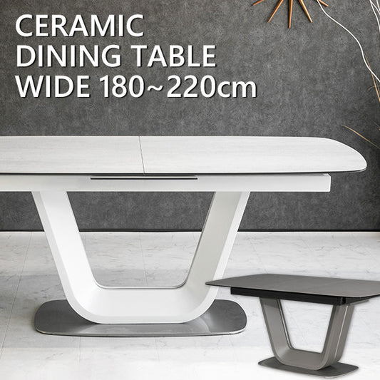 ダイニングテーブル 伸縮 伸長式 180~220×85cm イタリアンセラミック LAMINAM製 ホワイト グレー