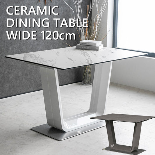 ダイニングテーブル 120×85cm 4人掛け スペインセラミック 大理石柄 ホワイト グレー スチール脚