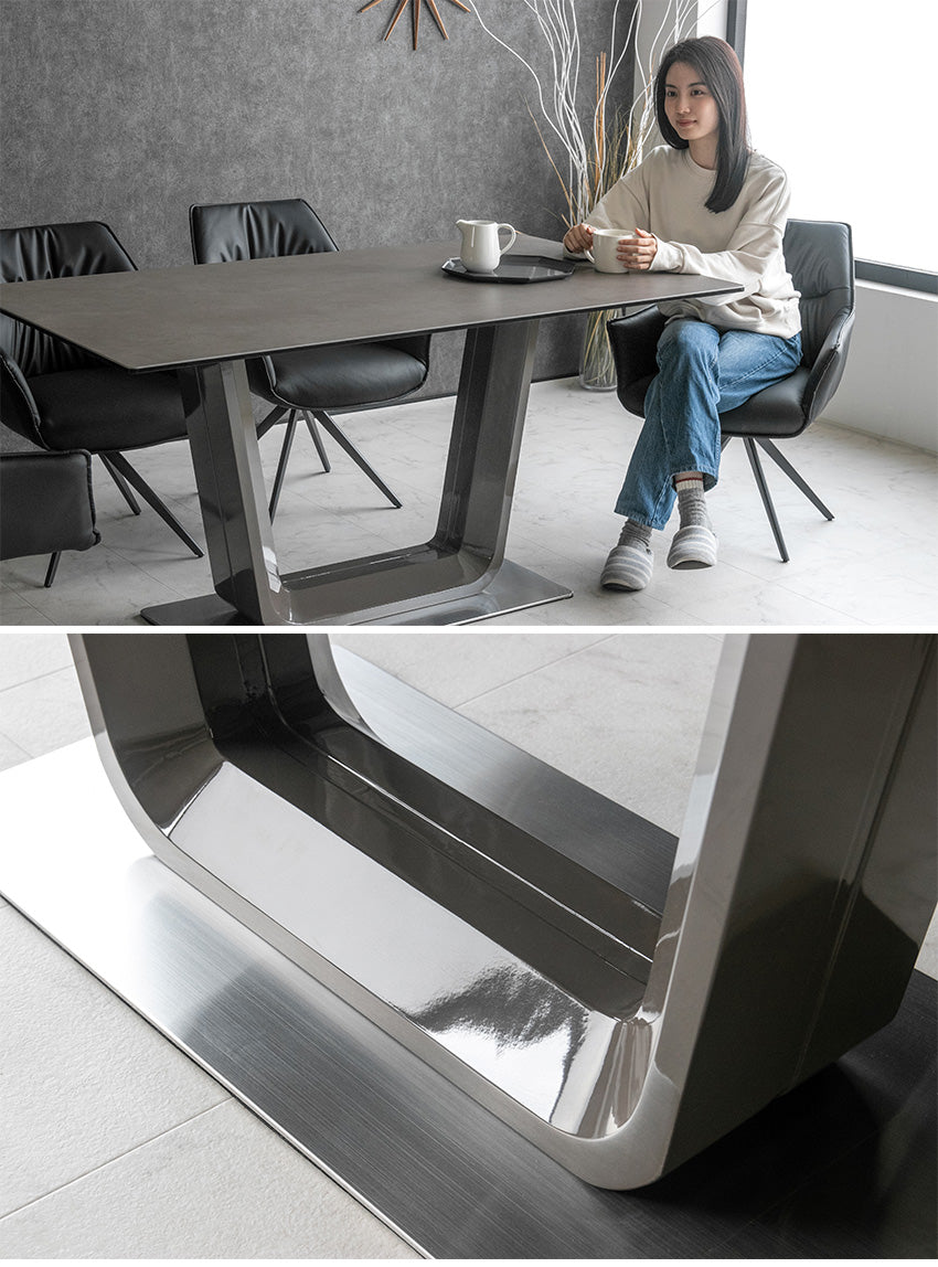 ダイニングテーブル 150×85cm 4人掛け スペインセラミック 大理石柄 ホワイト グレー スチール脚