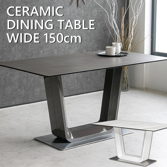 ダイニングテーブル 150×85cm 4人掛け スペインセラミック 大理石柄 ホワイト グレー スチール脚