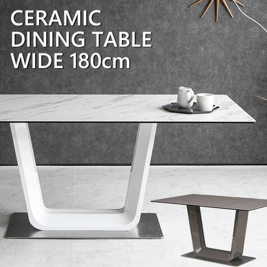 ダイニングテーブル 180×85cm 4人掛け スペインセラミック 大理石柄 ホワイト グレー スチール脚