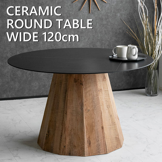 ダイニングテーブル セラミック リサイクルパイン材 4人掛け ブラック 円形 幅120cm