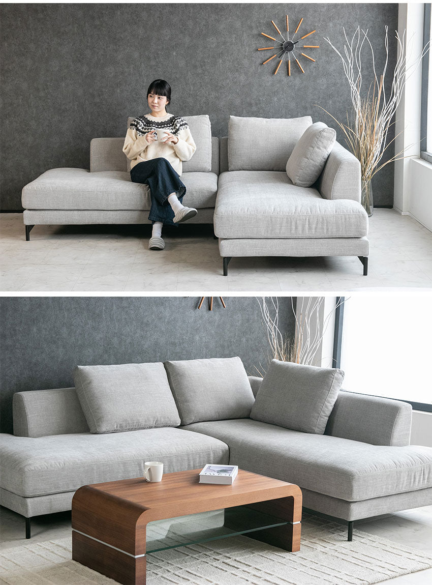 カウチソファ フローレンス フルカバーリング 3人掛け 4人掛けファブリック I字 ベージュ ライトグレー クッション付き 幅234cm (20074)