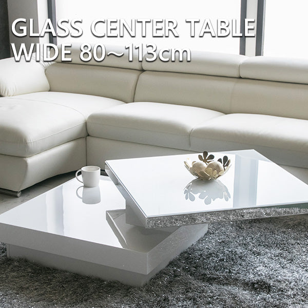 センターテーブル 回転式 ホワイト 白 鏡面 ローテーブル 正方形 幅80～113㎝