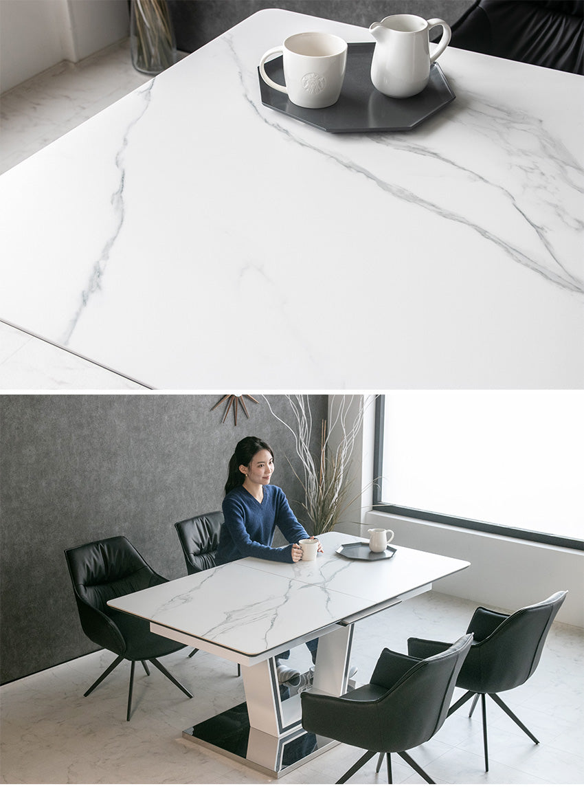 ダイニングテーブル 伸縮 伸長式 160～200×90cm セラミック 大理石柄 ホワイト グレー
